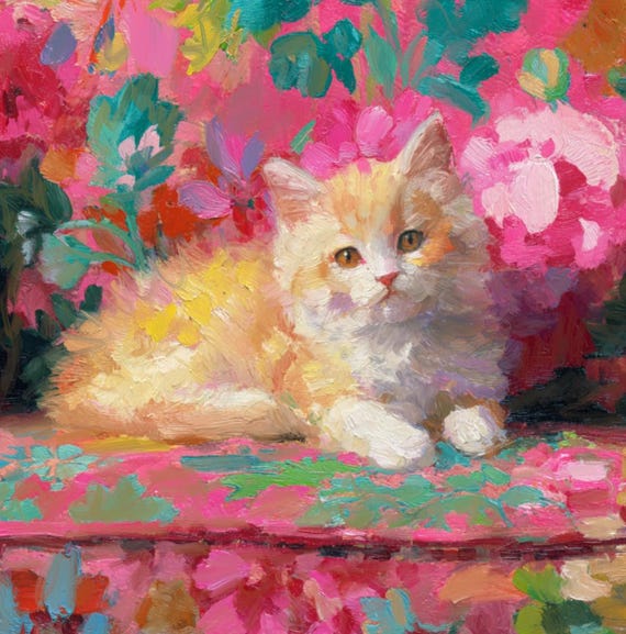 Grandmillennial art, Ginger on pink sofa, whimsical cat art