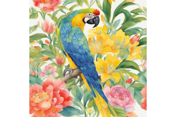 Still life with macaw and flowers, grandmillennial art, watercolor painting