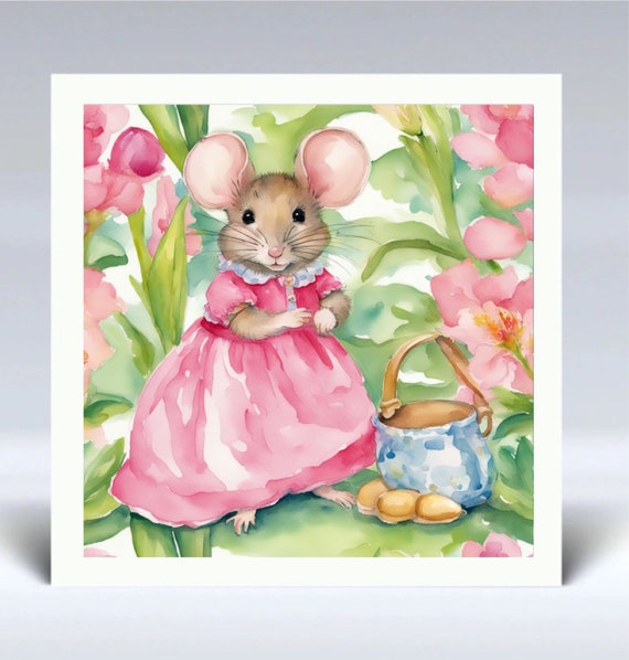 Mouse Watercolor Art Print: Pink Dress, Baby Room Decor