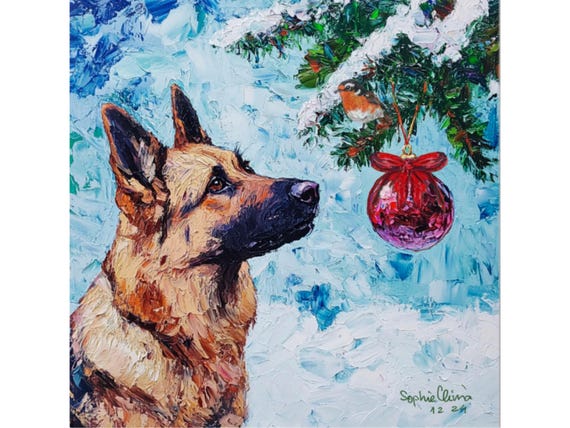 Grandmillennial art, Christmas portrait of a German Shepherd, whimsical painting