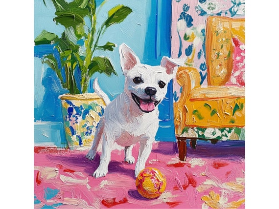 Grandmillennial art, Jack Russell and the orange ball, whimsical fine art print