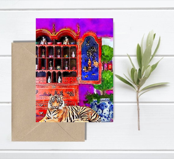 Tiger in chinoiserie interior, a5 blank greeting card