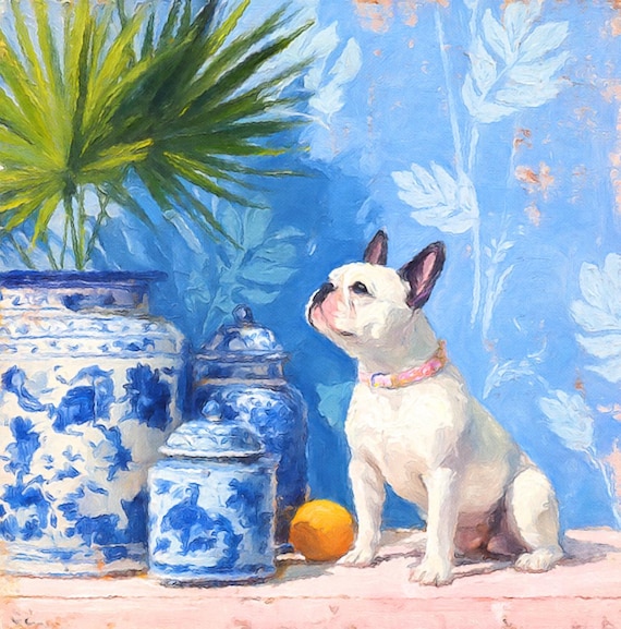 Grandmillennial art, French Bulldog In Chinoiserie room, signed limited edition of 100