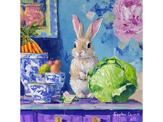 Grandmillennial art, Bunny in a Blue Kutchen, whimsical fine art