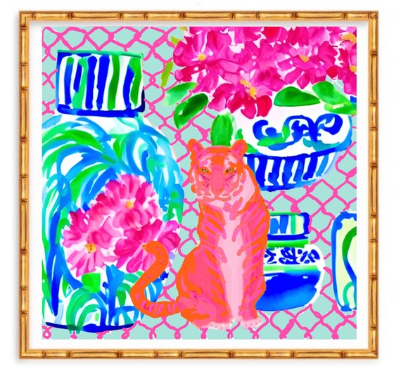 Unique modern chinoiserie print with pink tiger