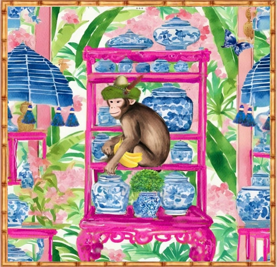 Grandmillennial art, Monkey holding bunch of bananas art print