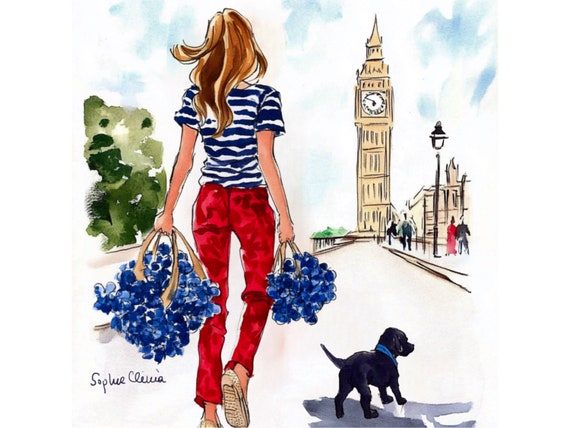 Grandmillennial art, Dog walking in London, whimsical watercolor and pen sketch