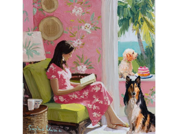 Grandmillennial art, Window with a view, whimsical dogs oil painting