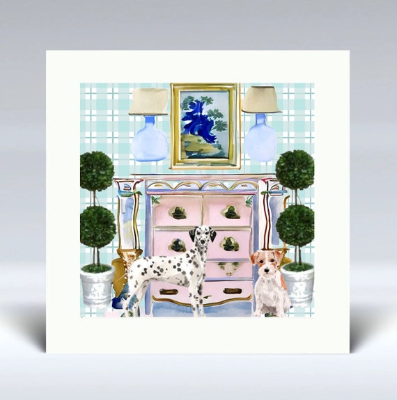 Grandmillennial art, Dogs in preppy interior watercolor, mounted fine art print