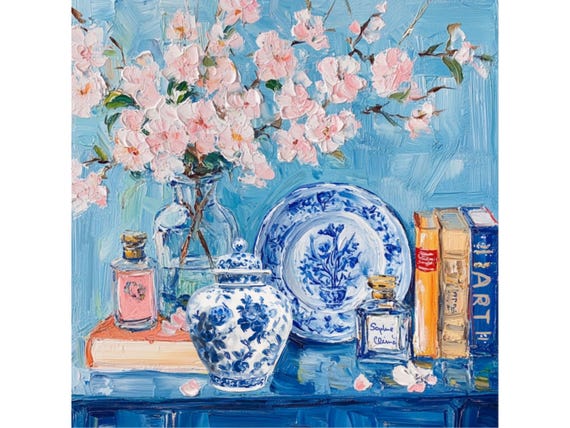 Cherry Blossom Still Life Art Print: Grandmillennial Chinoiserie Decor