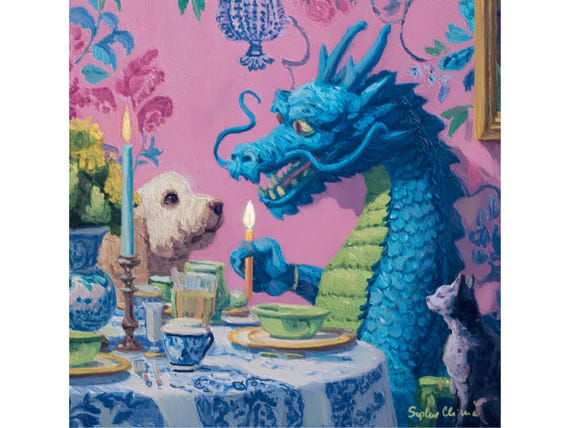 Grandmillennial art, When Dragon Came for Tea, whimsical animals art