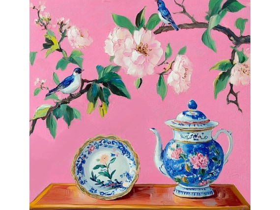 Grandmillennial art, Birds, Cherry Blossom and Chinoiserie porcelain on pink, oil painting