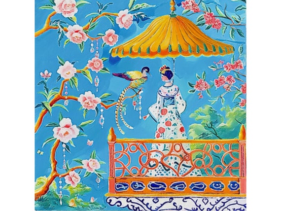 Bird of Paradise in chinoiserie garden, chinoiserie wall art