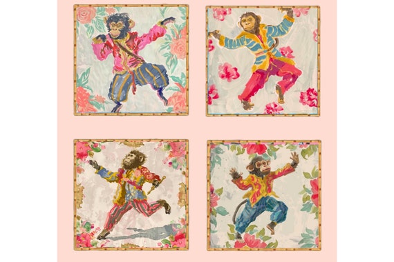 Chinoiserie Dancing Monkeys Watercolor Giclee Prints - Set of 4