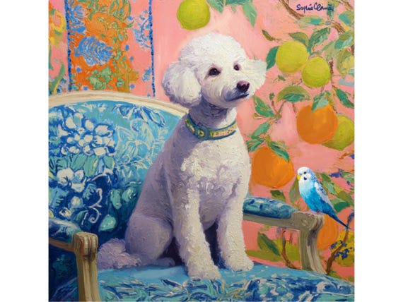 Poodle & Budgie Art Print: Grandmillennial Chinoiserie Wall Decor