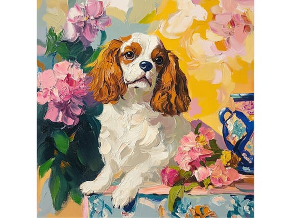 Grandmillennial art, King Charles Spaniel in Italian Landscape , whimsical dogs art