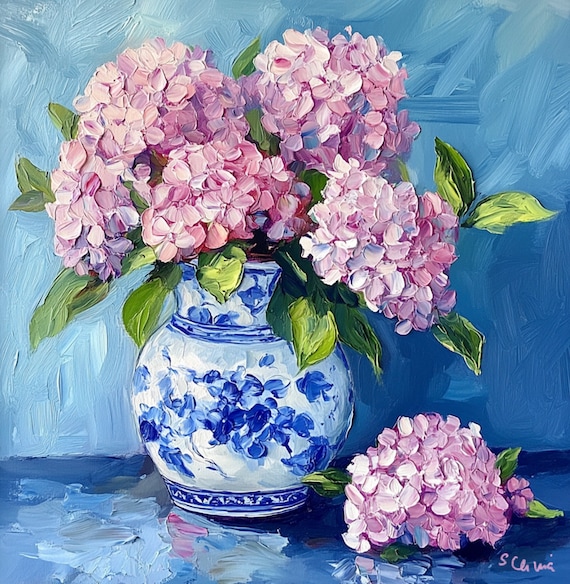 Grandmillennial Art, Pink Hydrangea in Ginger Jar, Fine Art Print