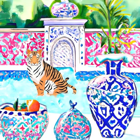 Grandmillennial art, Tiger in Moroccan swimming pool print