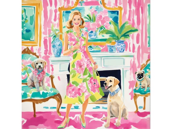 Grandmillennial art, Dogs in a preppy room,  whimsical fine art