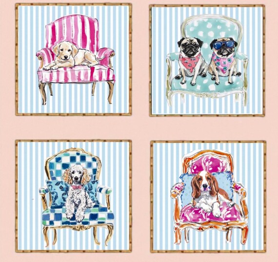 Dogs on French Chairs Watercolor Art Prints - Set of Four
