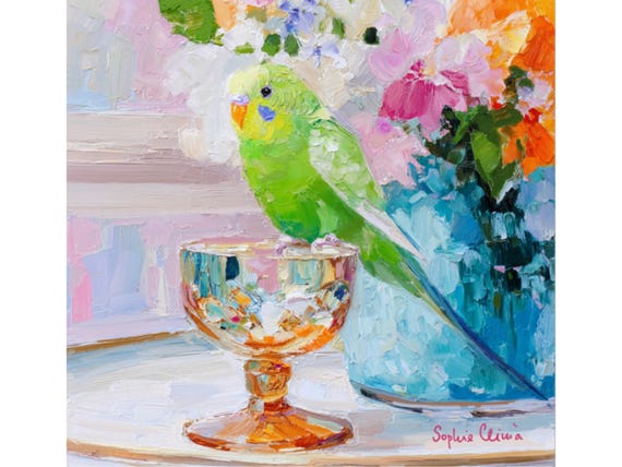 Whimsical Budgie Art Print: A Tipsy Green Budgie, Grandmillennial Decor