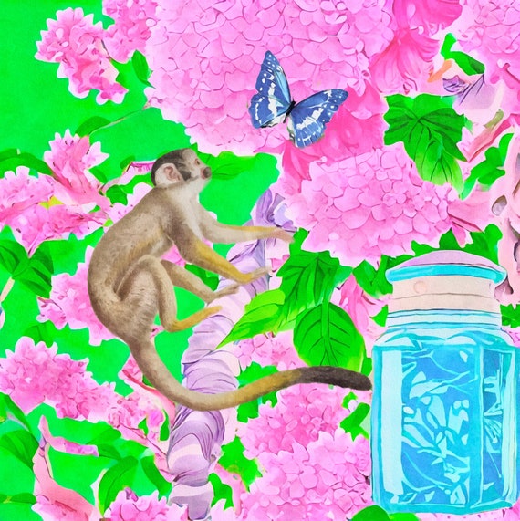 Grandmillennial art, Monkey and blue butterfly, fine art prinr