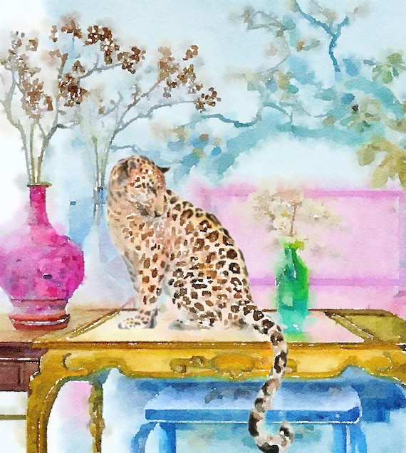 Cheetah in pastel chinoiserie interior, Giclee art print