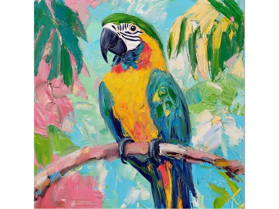 Preppy Macaw Giclée Print: Tropical Parrot Painting, Palm Beach Decor