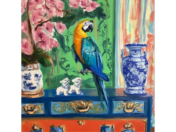 Macaw Parrot Giclee Art Print: Chinoiserie Grandmillennial Decor