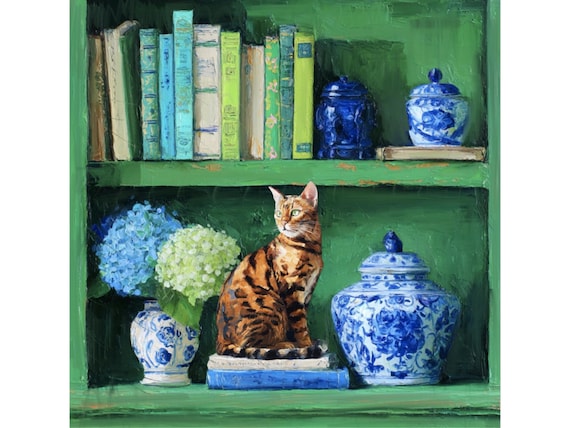 Bengal Cat Chinoiserie Art Print, Blue Green Ginger Jar, Grandmillennial Decor