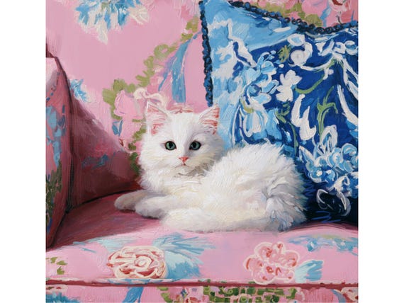 Grandmillennial art, Snowy in pink and blue interior, whimsical cat art