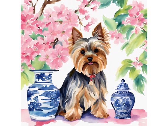 Yorkshire Terrier Watercolor Giclee Print: Chinoiserie Dog Art