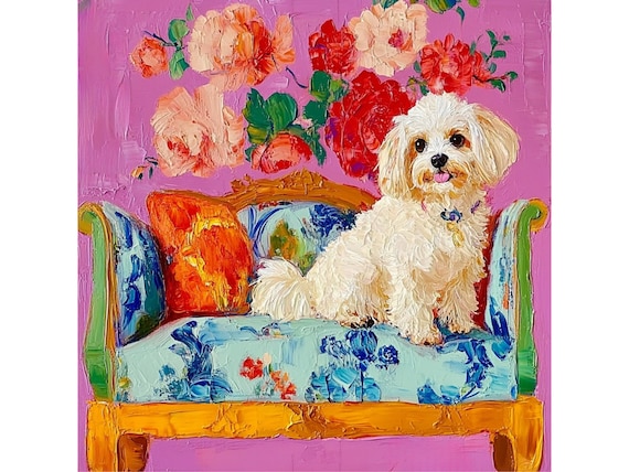 Grandmillennial art, Terrier on a Blue Sofa, whimsical fine art