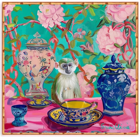 Grandmillennial art, Monkey in pink and green chinoiserie interior, art print