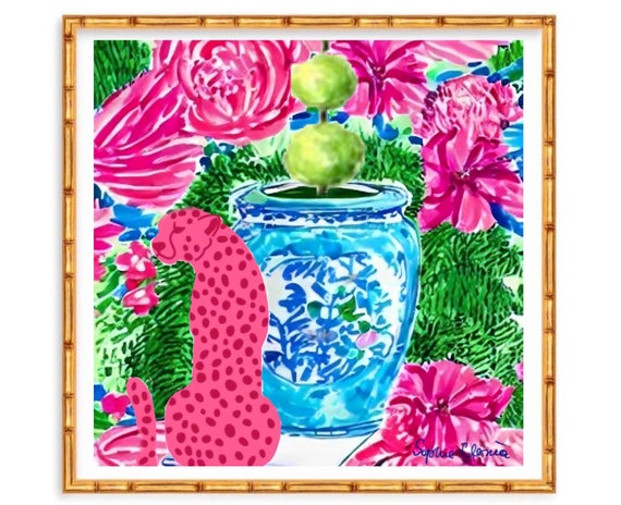 Grandmillennial art, Unique modern chinoiserie print with pink cheetah