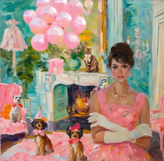 Grandmillennial art,Party animals, whimsical fine art