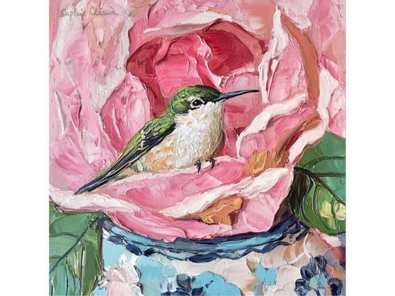 Hummingbird Giclee Print: Chinoiserie Bird and Flower Art
