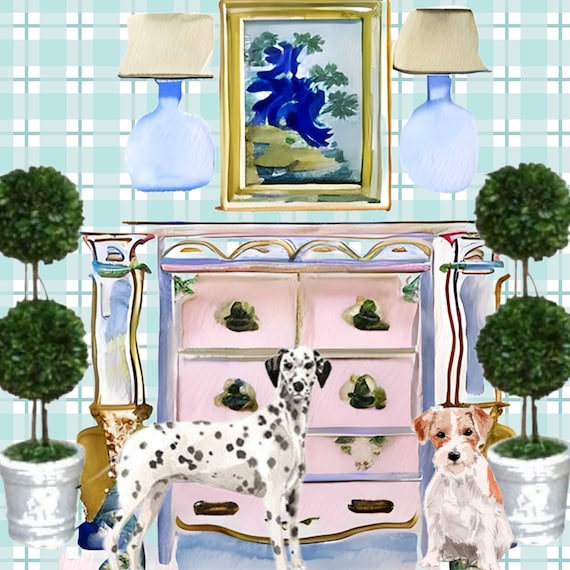 Grandmillennial art, Dogs in preppy interior