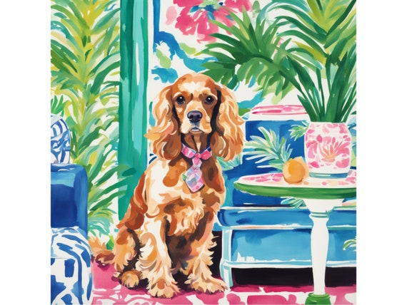 Grandmillennial art, HI,  Cocker Spaniel in preppy interior,  whimsical art