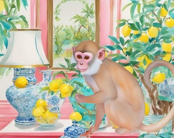 Grandmillennial art, Preppy monkey and lemon tree in chinoiserie interior, whimsical watercolor