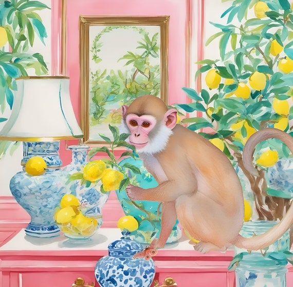 Grandmillennial art, Preppy monkey and lemon tree in chinoiserie interior, whimsical watercolor