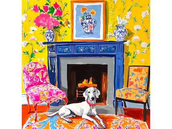 Grandmillennial art, Lurcher dog in preppy yellow interior, whimsical watercolor painting