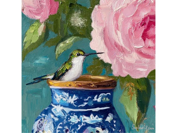 Hummingbird and Roses Giclée Print: Chinoiserie Floral Wall Art