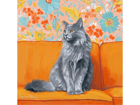 Whimsical Siberian Cat Art Print: Grandmillennial Orange Room