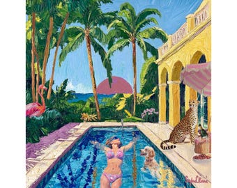 Whimsical Palm Beach Poolside Art Print: Grandmillennial Coastal Decor with Flamingos and Cheetahs