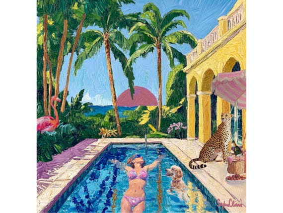 Whimsical Palm Beach Poolside Art Print: Grandmillennial Coastal Decor with Flamingos and Cheetahs
