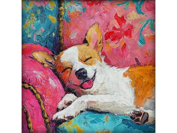 Grandmillennial art, A Sleeping Beauty, whimsical dog art