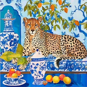 Grandmillennial art, Cheetah in blue chinoiserie room, whimsical watercolor