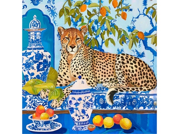 Grandmillennial art, Cheetah in blue chinoiserie room, whimsical watercolor