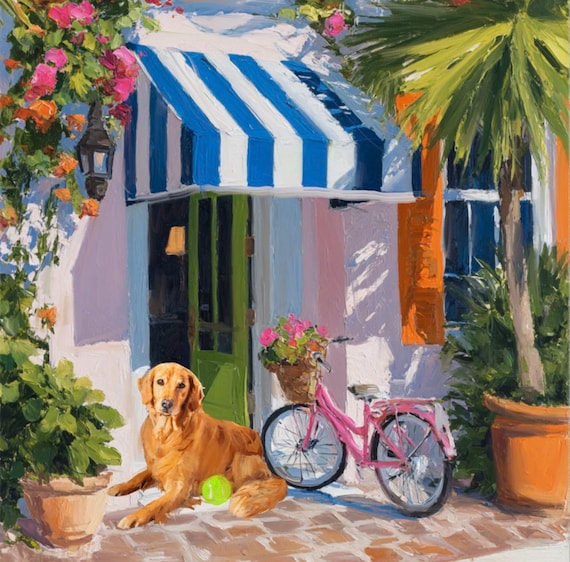 Golden Retriever Art Print, Pink Bicycle, Palm Beach Cabana